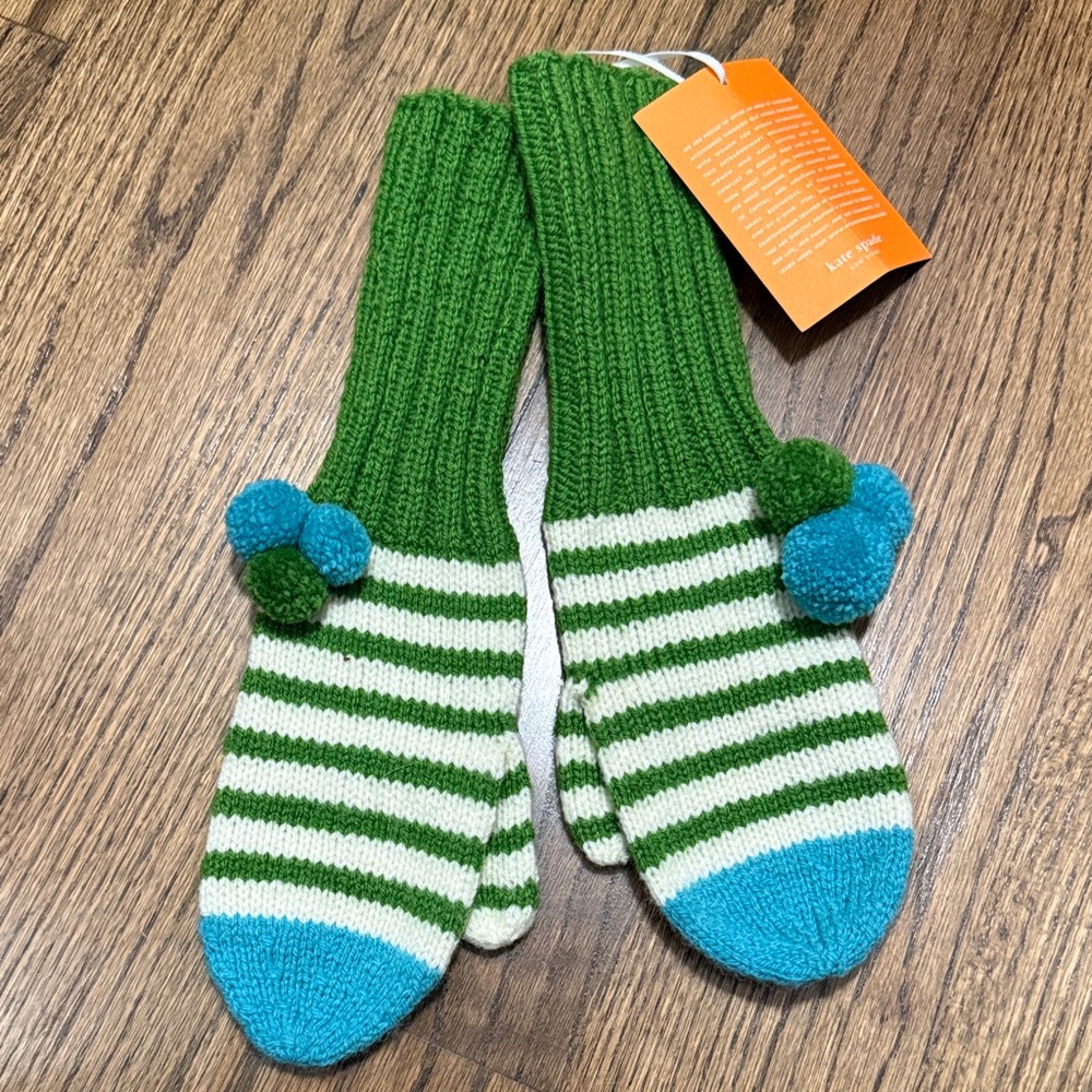 Kate Spade Handmade wool blend mittens Bright green stripes with pompoms $75